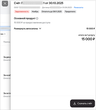 Скриншот — Детали счета